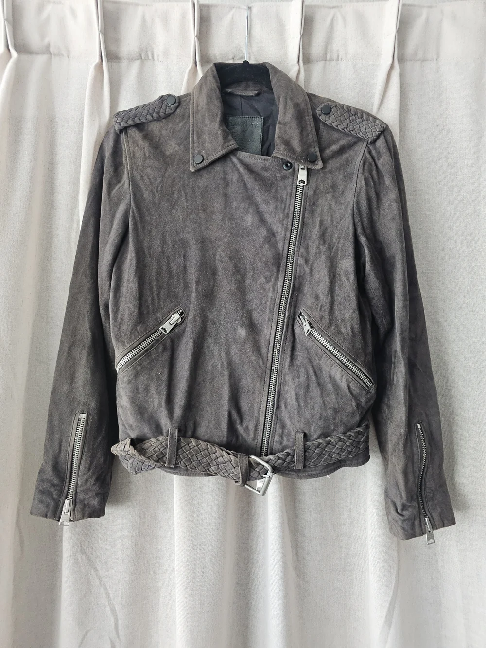 AllSaints Wyatt Braided Suede Biker Jacket Brown Moto US 6